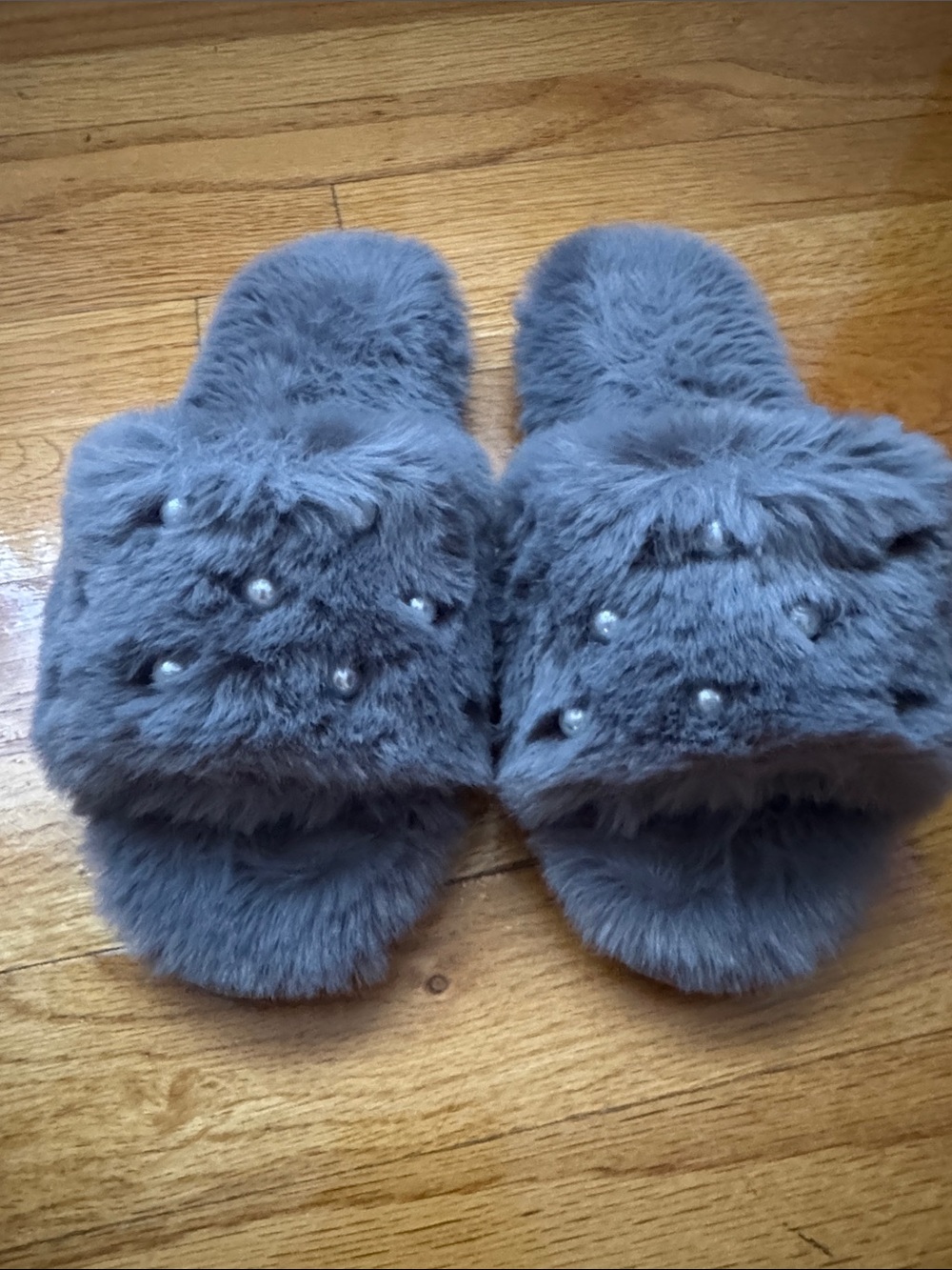 INC International Concepts Gray Faux Fur Pearl Slide Slippers